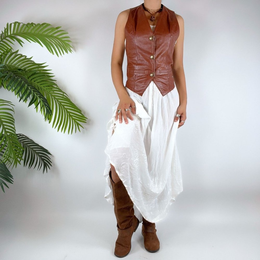 Vintage Y2K White Floral Boho Flowy Sleeveless Maxi Hippie Dress / Size: One - Picture 7 of 9